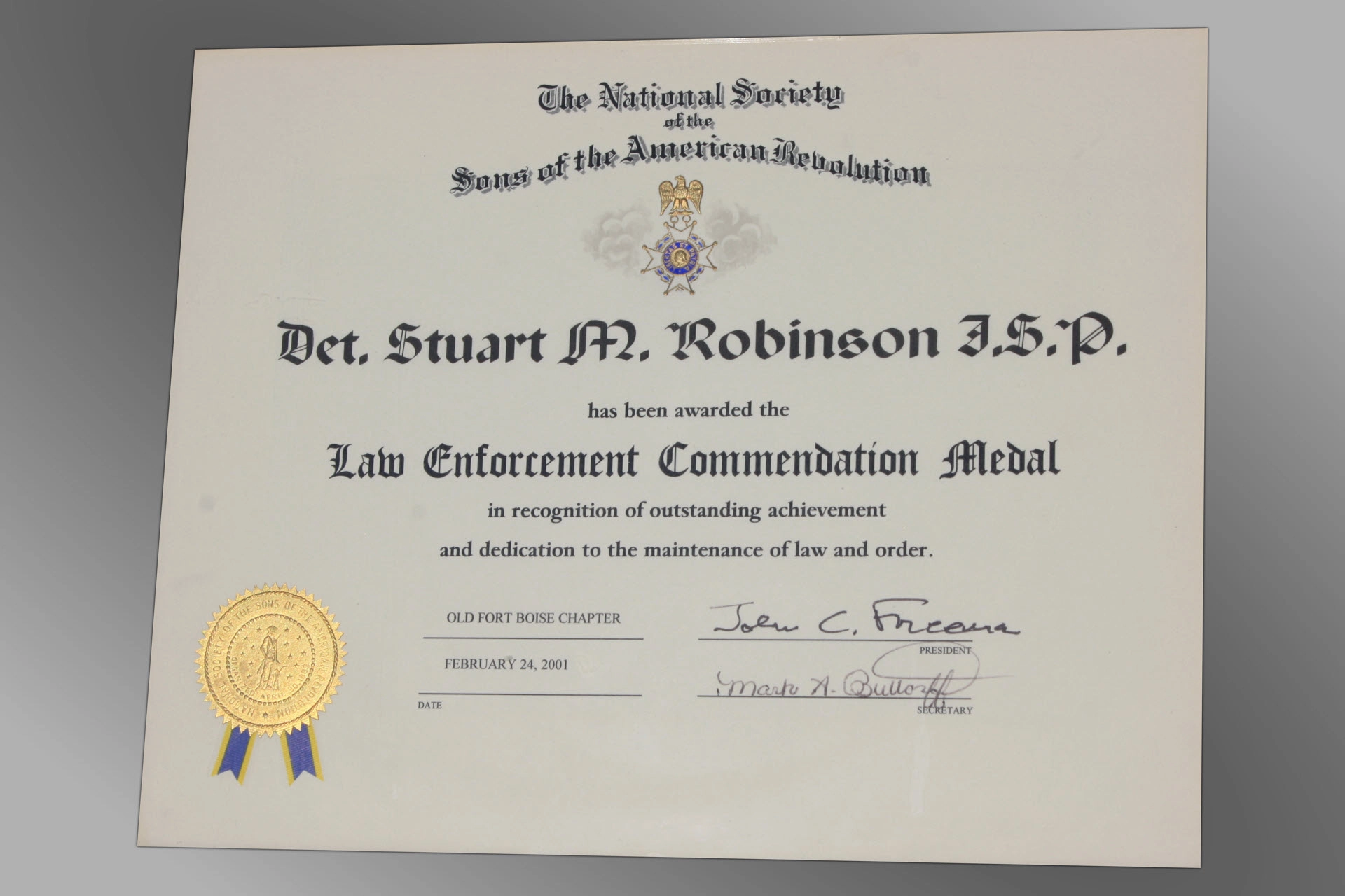 The Law Enforcement Commendation Medal awarded to Det. Stuart M. Robinson